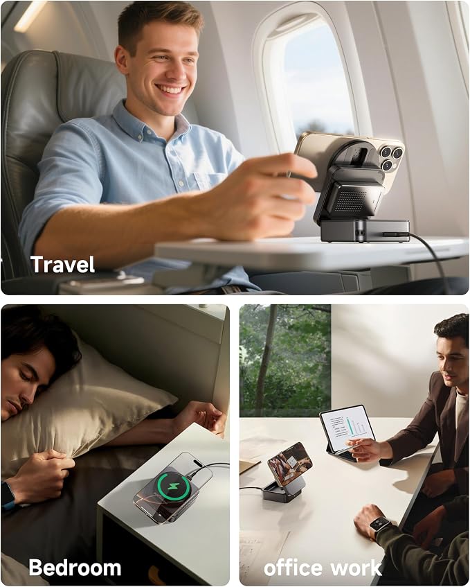 ZEEHOO 3-in-1 Foldable Magnetic Wireless Charging Station, Qi2 Certified 15W Travel Charger Stand Dock for iPhone 17/16/15/14/13/12 Series, Apple Watch, AirPods (30W Adapter Included)