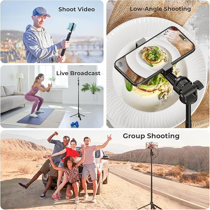 70" Selfie Stick Tripod for Gopro Action Camera, Lightweight Phone Tripod Stand with Wireless Remote & Phone Holder, Compatible with iPhone, GoPro, DJI, Insta360