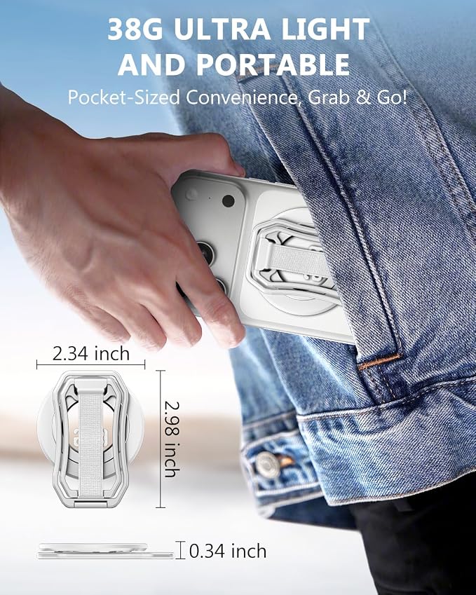 Oerwin for Magsafe Phone Grip Stand, 6-in-1 Magnetic Phone Holder for Magsafe Kickstand, 360° Rotation Phone Ring Holder with Elastic Strap, Compatible with iPhone 17/16/15/14/13/12 Series & Android