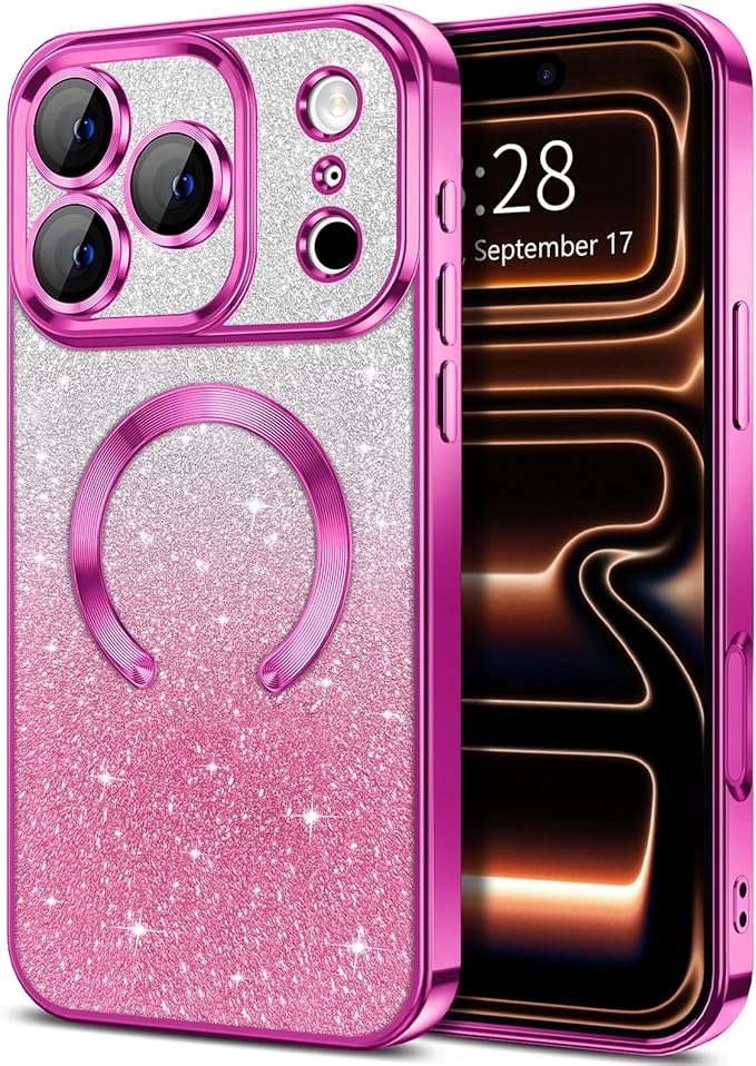 Hython for iPhone 17 Pro Max Case Glitter Clear Magnetic Phone Cases [Compatible with MagSafe] Full Camera Lens Protector Sparkle Luxury Plating Slim Shockproof Protective Cover, Gradient Hot Pink