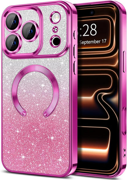 Hython for iPhone 17 Pro Max Case Glitter Clear Magnetic Phone Cases [Compatible with MagSafe] Full Camera Lens Protector Sparkle Luxury Plating Slim Shockproof Protective Cover, Gradient Hot Pink
