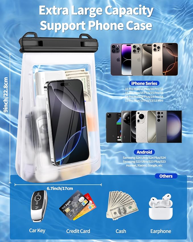 Extra Large Size Waterproof Phone Pouch - [Floating] Water Proof Pouch for iPhone Galaxy Google and More, IPX8 Waterproof Dry Bag for Beach Vacation Belongings