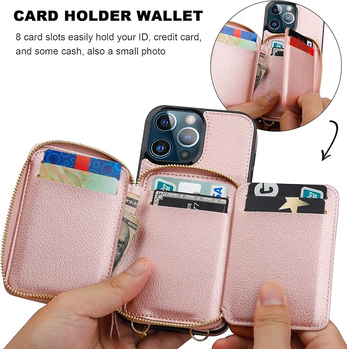 Bocasal RFID Blocking Wallet Case for iPhone 13 Pro Max, Adjustable Crossbody Zipper Purse Case Card Holder with Kickstand Detachable Wrist Strap, PU Leather Flip Folio Case 6.7 Inch 5G (Rose Gold)
