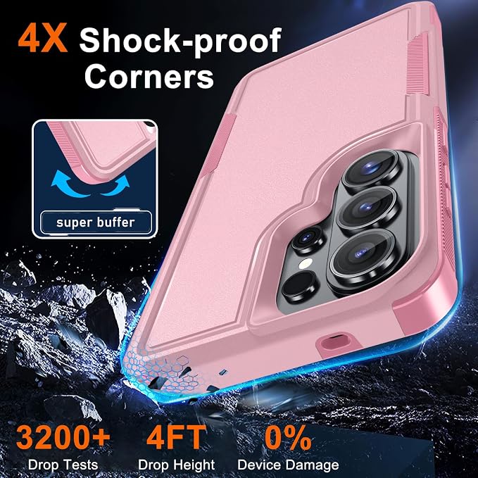 for Samsung Galaxy S26 Ultra Case with Screen Protector+Camera Lens Cover,Military Grade Heavy Duty Shockproof Phone Cover with Wrist Lanyard Strap for Samsung S26Ultra,Cute Pink