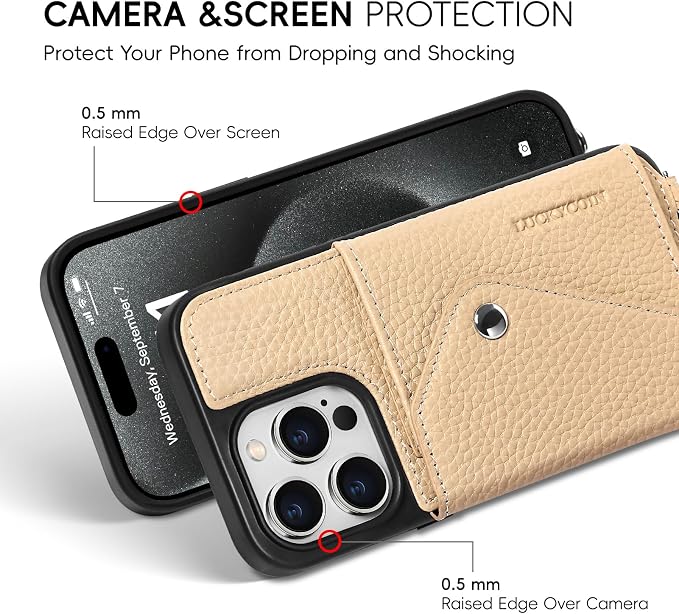 LUCKYCOIN for iPhone 15 Pro Crossbody Wallet Case – Genuine Leather Phone Purse with Adjustable Strap and Card Holder,Lanyard Phone Purse Case for Women,Pebble Grain Beige