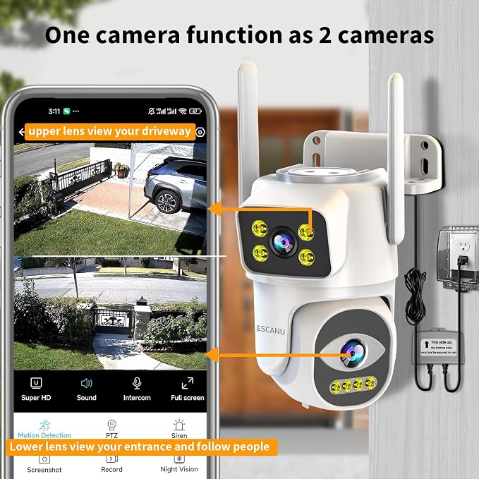 Dual Lens Security Camera Outdoor,WiFi Camera for Home Security,Home Survaillance Outdoor,PTZ,2-Way Audio, Auto Tracking,Night Vision,24/7 Continous Record,IP65 Weather Proof
