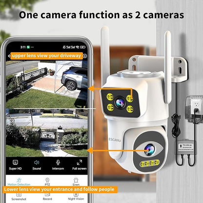 Dual Lens Security Camera Outdoor,WiFi Camera for Home Security,Home Survaillance Outdoor,PTZ,2-Way Audio, Auto Tracking,Night Vision,24/7 Continous Record,IP65 Weather Proof