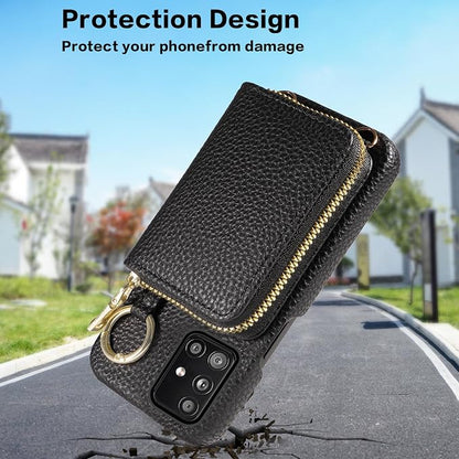 Wallet Case for Samsung Galaxy A51 5G/A 51 5G UW Verizon & Shoulder Strap Ring Buckle PU Leather Zipper Flip Organ Purse Credit Card Holder Stand Full Body Cell Phone Cover for 51A G5 S51 Black