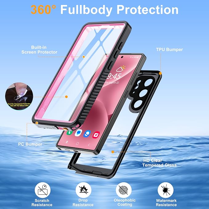 for Samsung Galaxy S25 Ultra Case, IP68 Waterproof with Built-in Screen&Lens Protector [14FT Military Shockproof] Full Body Heavy Duty Protective Phone Case for S25 Ultra 5G, Pink