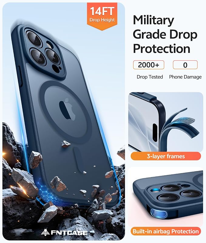 FNTCASE for iPhone 15 Pro Case: [Compatible with Magsafe] Translucent Matte Cases with [Full Camera Protection] [Screen Protector] Military Grade Shockproof Protective Phone Cover - Blue