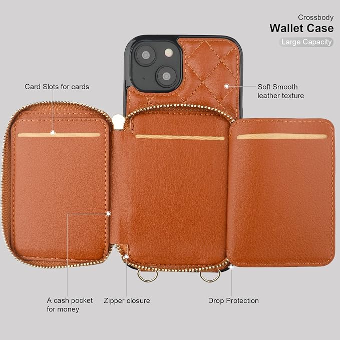 Bocasal Crossbody Wallet Case for iPhone 14, RFID Blocking PU Leather Zipper Handbag Purse Flip Cover, Kickstand Folio Case with Card Slots Holder Wrist Strap Lanyard 5G 6.1 Inch (Brown)