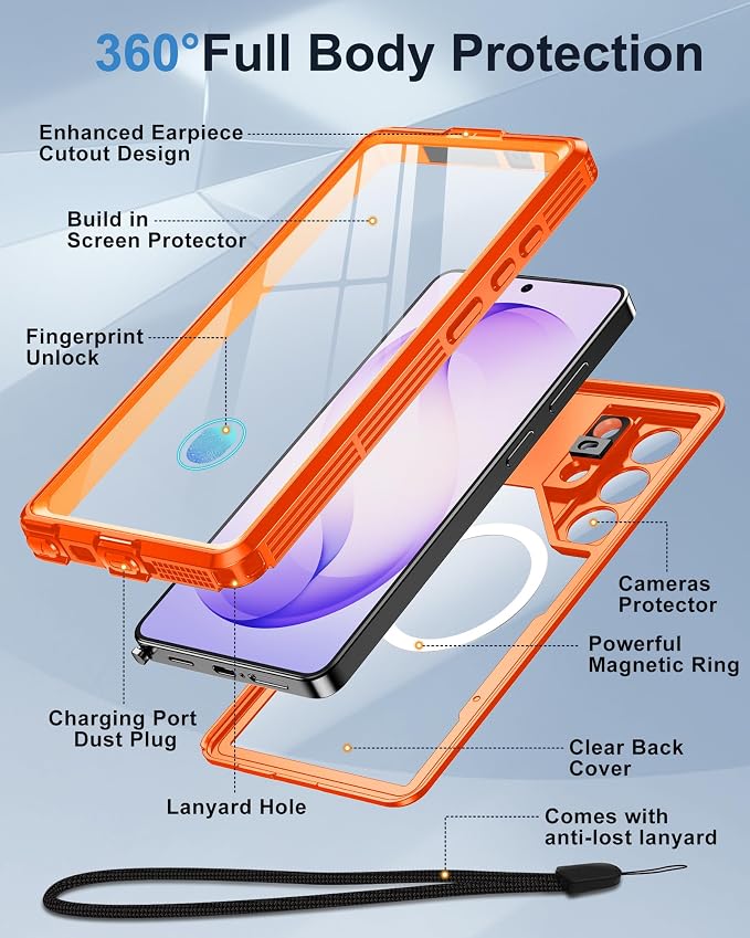 for Samsung Galaxy S26 Ultra Waterproof Case, [Fit for Magsafe] [IP68 Water Proof] [Built-in Screen Protector], Magnetic Heavy Duty Military Grade Rugged Phone Case for S 26 Ultra 6.9", Orange