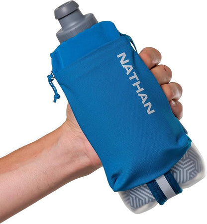 Nathan SpeedDraw 2 Insulated Handheld Running Water Bottle Flask – Double-Wall Insulation, Ergonomic Grip, Blast Valve Cap, Phone & Key Storage Pockets, Reflective Design - 18oz, Deep Blue