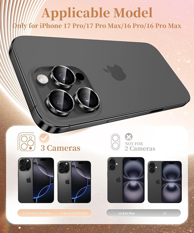 GolbinBox Camera Lens Protector for iPhone 17 Pro Max/17 Pro/16 Pro Max/16 Pro, 1:1 Invisible Fit, 9H Tempered Glass Ultra HD Metal Individual Camera Cover, Case Friendly, Black