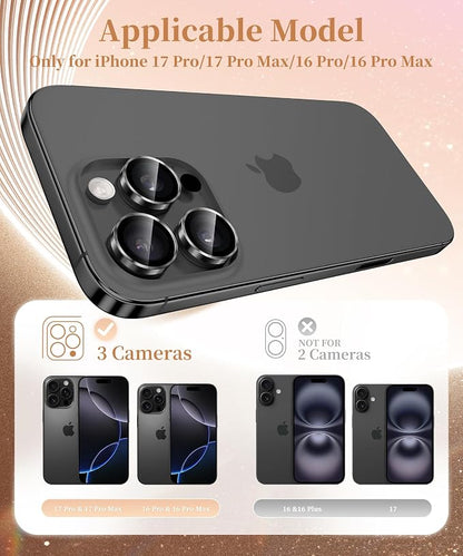 GolbinBox Camera Lens Protector for iPhone 17 Pro Max/17 Pro/16 Pro Max/16 Pro, 1:1 Invisible Fit, 9H Tempered Glass Ultra HD Metal Individual Camera Cover, Case Friendly, Black