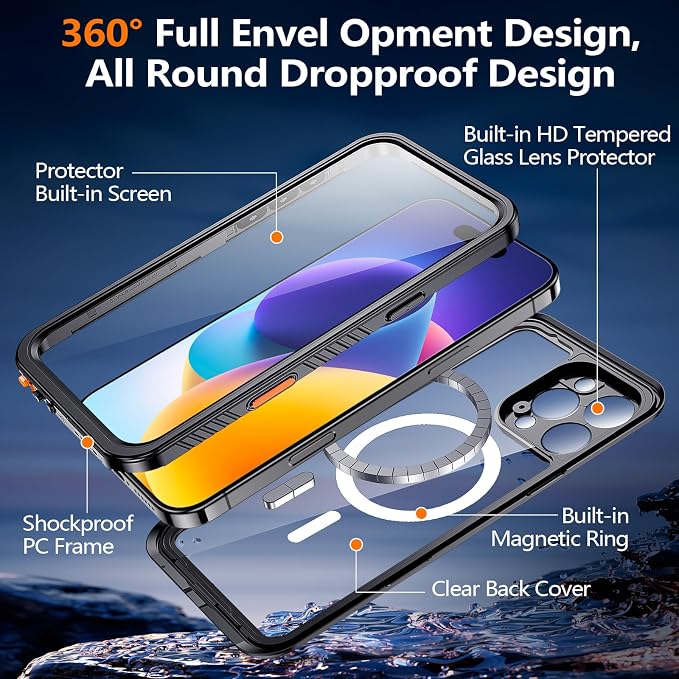 xiwxi for iPhone 16 Pro Max Case Waterproof,[IP68 Underwater][Built-in Screen Protector ][Compatible with MagSafe][15FT Military Dropproof][Dustproof] Full Body Shockproof Protective Phone Case 6.9"