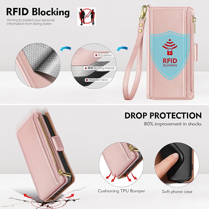 Antsturdy Compatible with iPhone 12 mini Wallet Case,RFID Blocking PU Leather Phone Case Women Men Kickstand Flip Cover Wrist Strap Zipper Credit Card Holder Slots,for Apple 12 mini,Rose Gold