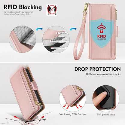 Antsturdy Compatible with iPhone 12 mini Wallet Case,RFID Blocking PU Leather Phone Case Women Men Kickstand Flip Cover Wrist Strap Zipper Credit Card Holder Slots,for Apple 12 mini,Rose Gold