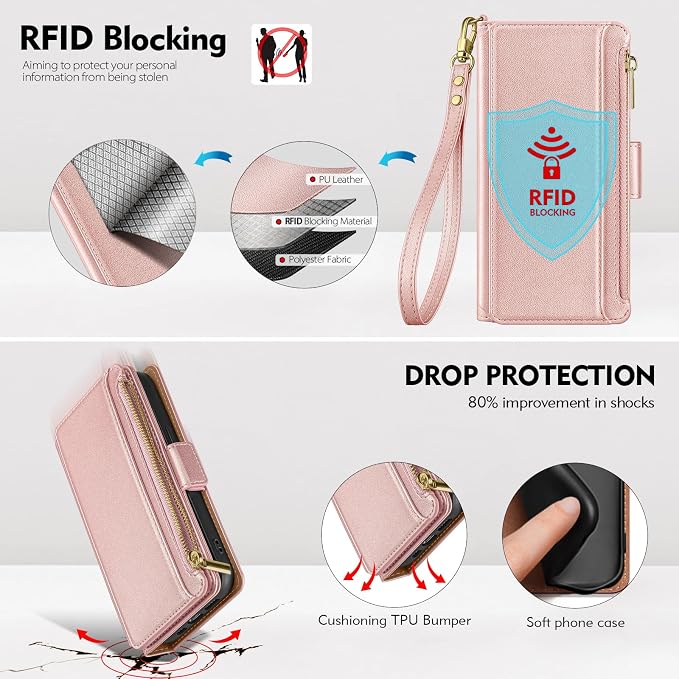 Antsturdy Compatible with iPhone 15 Wallet Case Card Holder【RFID Blocking】 PU Leather Phone Case Women Men flip Protective Cover Wrist Strap Zipper Credit Card Slots,for Apple 15 6.1",Rose Gold