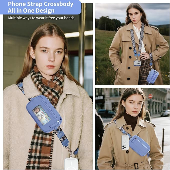 Tiostep Clip and Go Strap for Phone with Wallet Crossbody Phone Lanyard with Anti-Theft Zipper Pouch Detachable Quilted Wrist Wallet with RFID and ID Window for Daily Travel. Blue