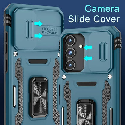 DEERLAMN Case for Samsung Galaxy S25 FE 6.7-Inch with Slide Camera Cover+Screen Protector(1 Pack), Rotated Ring Kickstand Military Grade Shockproof Protective Cover-Light Blue