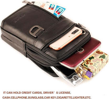 Small Mens Leather Satchel Cell Phone Holster,Vertical Belt Clip Cellphone Pouch,Purse Waist Bag Fanny Pack Compatible with Google,Zipper Phone Bag for Work,Hike