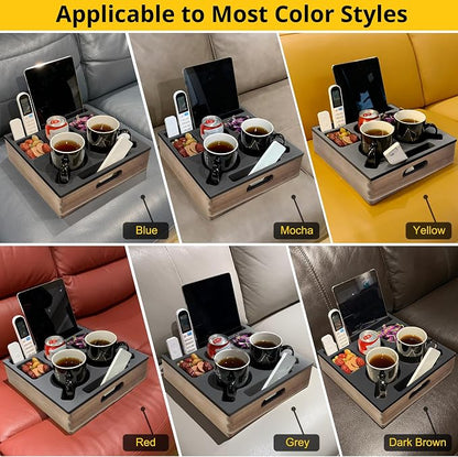 KindGa Couch Cup Holder, Waterproof Anti-Spill Couch Drink Holder for Snacks Beverage Remote, Food Grade Silicone Wooden Couch Caddy for Bed Car Seat Beach Tray (Black)