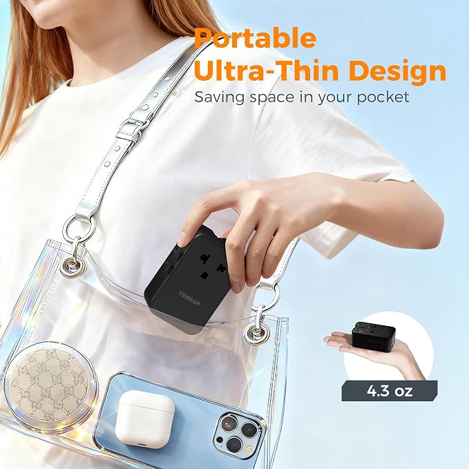 TESSAN International Power Adapter PD 25W, Black | Ultra Thin Universal Travel Adapter, 2 USB A 2 USB C, US to European UK Australia Ireland, Type C G A I
