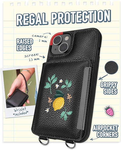Smartish iPhone 14 Crossbody Wallet Case - Dancing Queen [Purse/Clutch with Detachable Strap & Wristlet] Protective Cover with Credit Card Holder - Lemon Party
