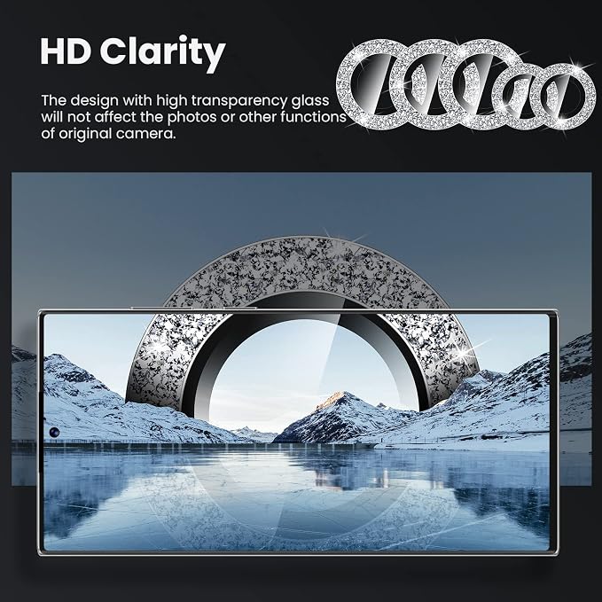 Tensea (3+2PCS for Samsung Galaxy S23 Ultra 5G Camera Lens Protector, 9H Tempered Glass Camera Cover Screen Protector Metal Individual Ring [Installation Tray][Removal tool][Case Friendly]- Glitter