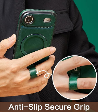 for iPhone Air Leather Case with Stand, Anti-Slip Grip Ring, Fits for MagSafe (Green,iPhone Air)