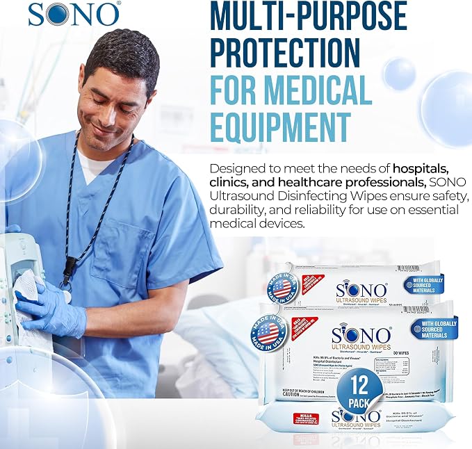 SONO Multipurpose Ultrasound Disinfecting Wipes - Clinical Standard, Daily-Use and Maintenance Wipes, Compatibility Tested on Delicate Ultrasound Equipment - 12 Packs x 50ct (600 wipes)