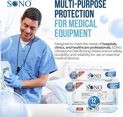 SONO Multipurpose Ultrasound Disinfecting Wipes - Clinical Standard, Daily-Use and Maintenance Wipes, Compatibility Tested on Delicate Ultrasound Equipment - 12 Packs x 50ct (600 wipes)
