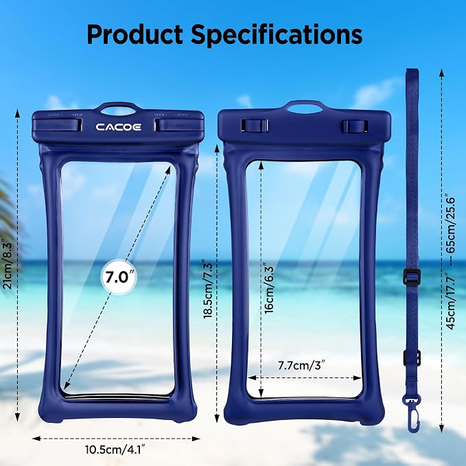 CACOE Universal Waterproof Phone case 2 Pcs-Up to 7.0",Phone Pouch with Adjustable Neck Lanyard,IPX8 Cellphone Dry Bags for Beach Pool Swimming (Black+Dark Blue, Up to 7.0"-Floatable)