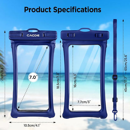 CACOE Universal Waterproof Phone case 2 Pcs-Up to 7.0",Phone Pouch with Adjustable Neck Lanyard,IPX8 Cellphone Dry Bags for Beach Pool Swimming (Black+Dark Blue, Up to 7.0"-Floatable)