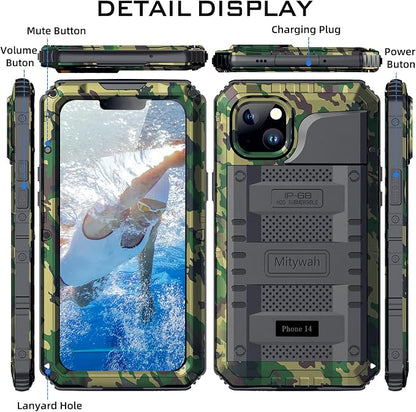 Mitywah Waterproof Case for iPhone 14, Heavy Duty Shockproof Case with Built-in Screen Protector, Full Body Underwater Protective Metal Case 6.1 inch, Camouflage