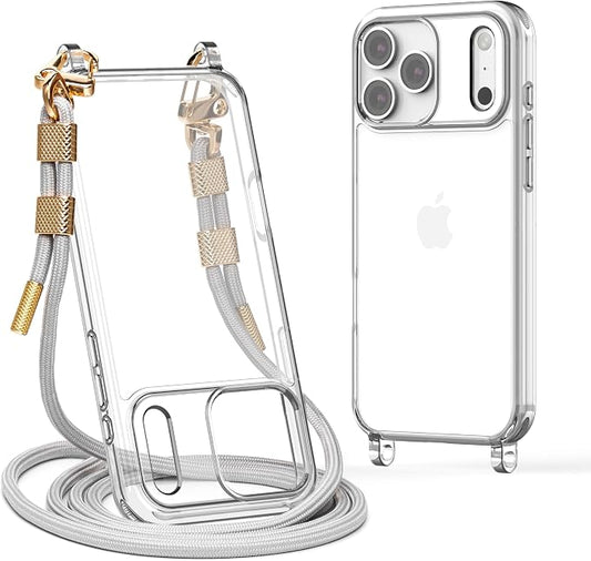 for iPhone 17 Pro Max Case with Strap, Clear Shockproof Crossbody Phone Cover w/Removable Anti-Theft Adjustable Lanyard for Women, Travel, Shopping, Hiking (6.9", Grey)