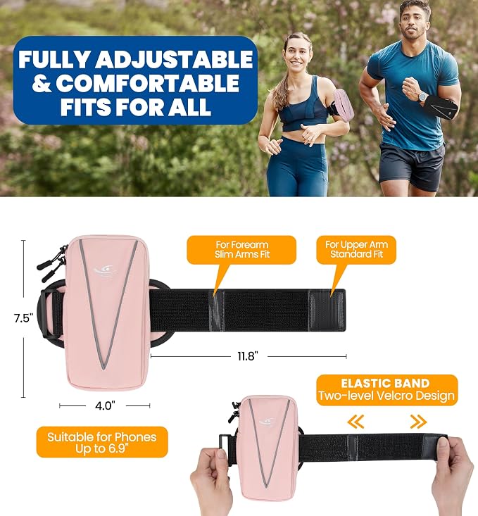 HiRui Cell Phone Holder Arm Bag & Wrist Bag for Phone, Sports Running Armband for Gym & Cycling, Compatible with iPhone 17/17Pro/Plus/16/15 Samsung Galaxy All Phones, Reflective & Adjustable (Pink)