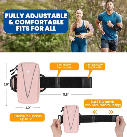 HiRui Cell Phone Holder Arm Bag & Wrist Bag for Phone, Sports Running Armband for Gym & Cycling, Compatible with iPhone 17/17Pro/Plus/16/15 Samsung Galaxy All Phones, Reflective & Adjustable (Pink)
