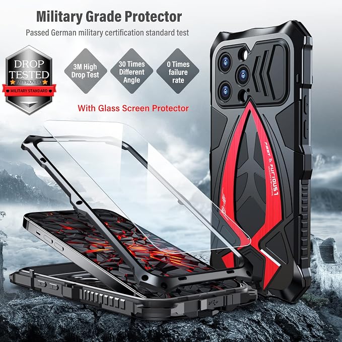 Armor Phone Case for iPhone 14 Pro Max Military Grade Cover 360 Full Protection Heavy Duty Hybrid Metal Bumper Built-in Silicone Shockproof with Screen Protector - Black + Red
