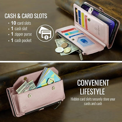 Strapurs Wallet Case Compatible with iPhone Air 6.5" RFID Blocking 10-Card Holder Soft PU Leather Magnetic Snap Shoulder Strap Zipper Pocket Phone Case Fit for iPhone 17 Air for Women - Rose Gold