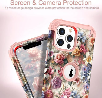 Hocase for iPhone 13 Pro Max Case, Heavy Duty Shockproof Protection Soft Silicone Rubber Bumper+Hard Plastic Hybrid Protective Case for iPhone 13 Pro Max (6.7") 2021 - Joyful Flowers