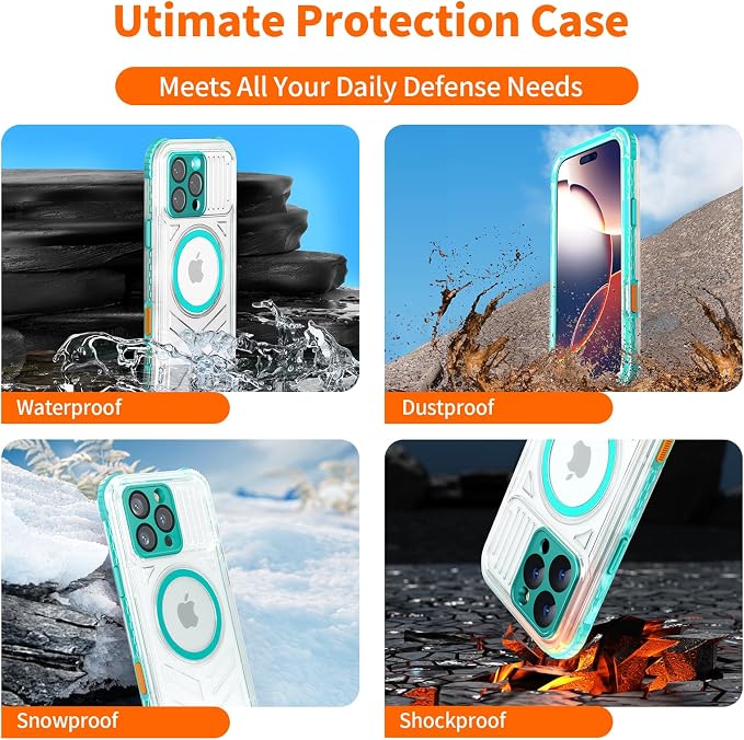 for iPhone 16 Pro Waterproof Case Compatible with MagSafe, IP68 Underwater Case Built-in Screen Protector, Slim Translucent 360° Full Body Protection, 12FT Military Grade, 6.3 Inch (Cyan)