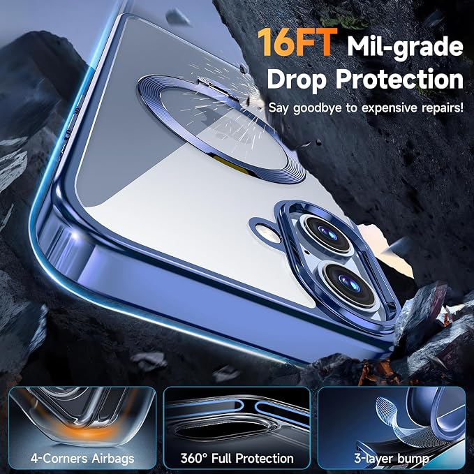 [Tri-Shield Protection] for iPhone 17 Case with 360° Spin Stand Compatible with MagSafe [Magnetic CD Ring] [Screen & Camera Lens Protector] Shockproof Plating Never-Yellowing, Blue-6.3"