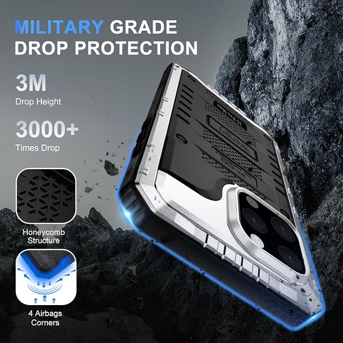 Beasyjoy for iPhone 15 Pro Max Case Waterproof, Metal Heavy Duty Full Body Protective Case with Built-in Screen Protector, Military Grade Shockproof Defender Case for iPhone 15 Pro Max 6.7", Silver