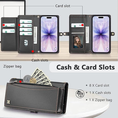 Wallet Case for iPhone 17 with Card Holder/Crossbody Wallet/Strap,[RFID Blocking][Magnetic] PU Leather Phone Case for iPhone 17,6.3 in,Black