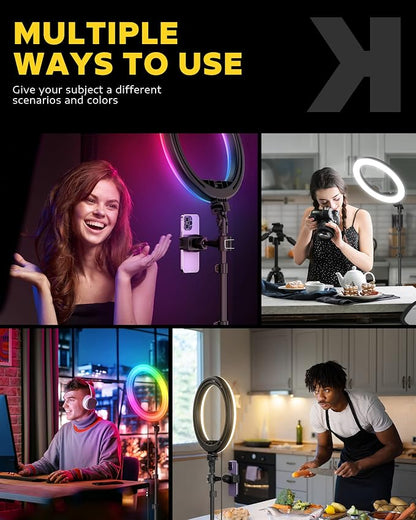 Kaiess 10.2" Selfie Ring Light with 65" Adjustable Tripod Stand & Phone Holder for Live Stream/Makeup, Upgraded Dimmable LED Ringlight for Tiktok/YouTube/Zoom Meeting/Photography (RGB)