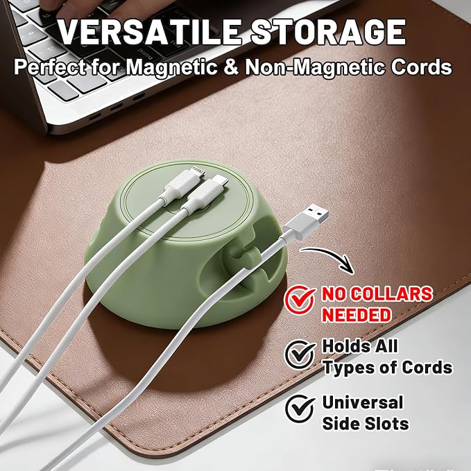 SOOoEC [N52 Ultra-Strong Snap-On Magnetic Cord Holder, Weighted Desktop Cable Organizer, Premium Liquid Silicone, No Collars Needed for iPhone & USB-C, Dual-Side Slots, Sage Green
