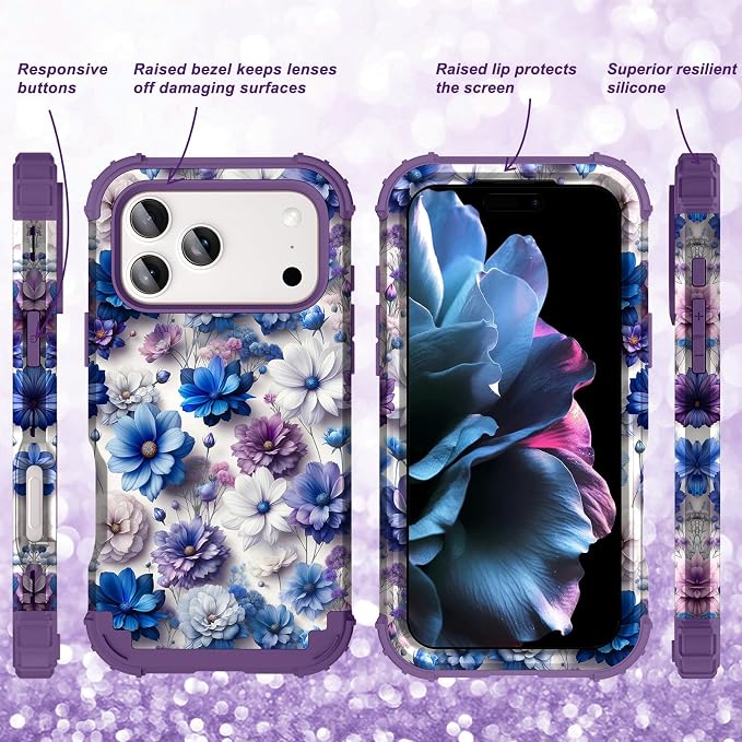 Hocase for iPhone 17 Pro Case 6.3", Heavy Duty Shockproof Protection Soft Silicone Rubber+Hard Plastic Bumpers Hybrid Protective Case for iPhone 17 Pro 2025 - Blue Purple Flowers