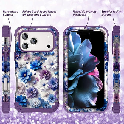 Hocase for iPhone 17 Pro Max Case, Heavy Duty Shockproof Protection Soft Silicone Rubber+Hard Plastic Bumpers Hybrid Protective Case for iPhone 17 Pro Max 2025 - Blue Purple Flowers